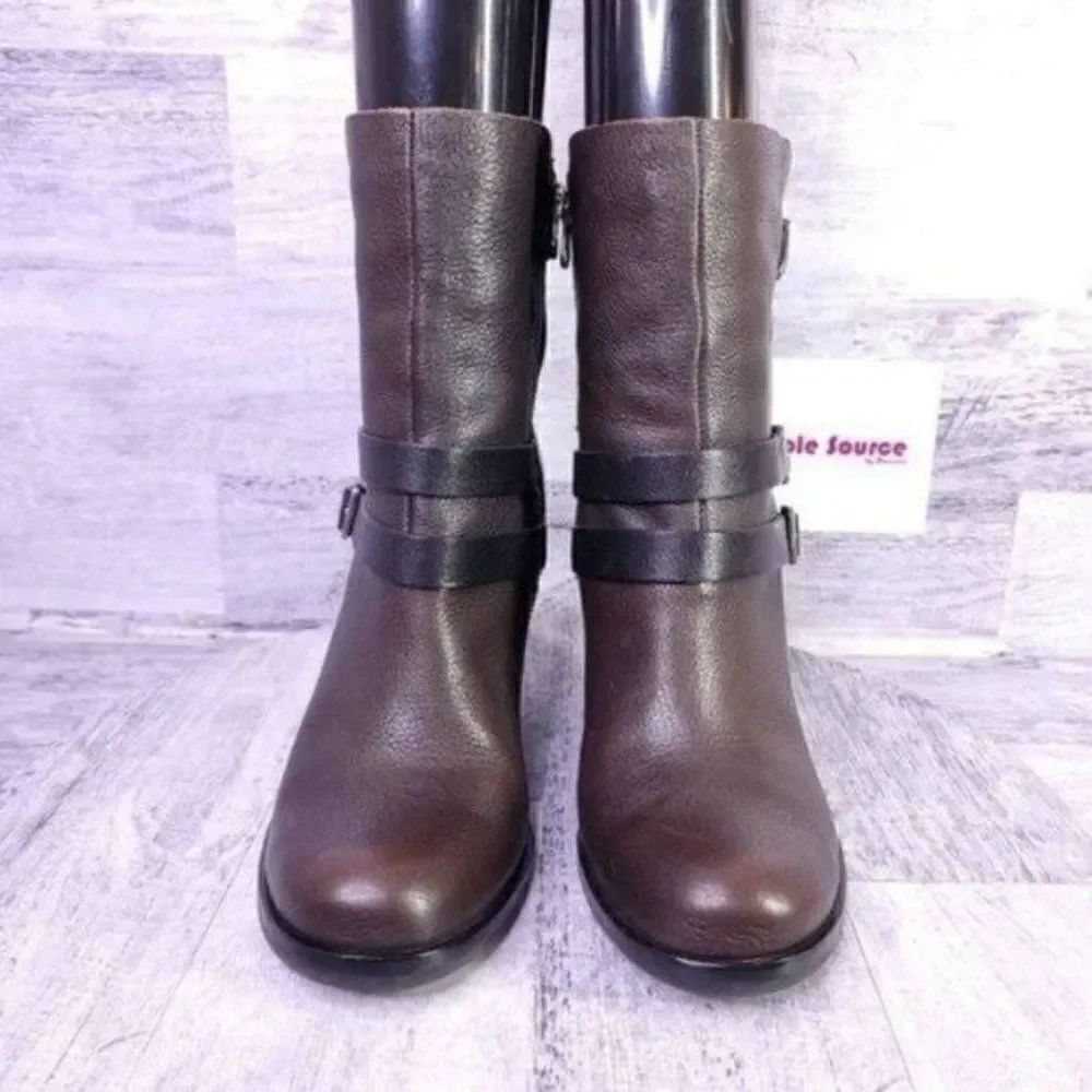 Kork Ease Anki Buckle Strap Leather Heeled Moto Boot Brown Black Women's sz 8 - Picture 2 of 9